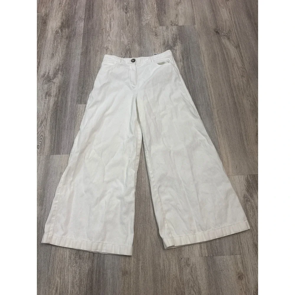 Zara Womens White Cotton Linen Blend Wide Leg High Rise Pants Size M 28
